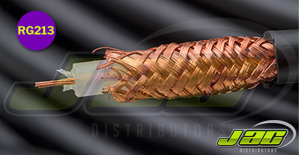 RG213 /U 50 Ohm Coaxial Cable Solid Polyethylene Insulation, Bare Copper Braid PVC Black Sheath - JACDistributors